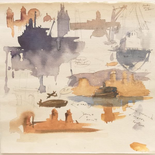 Preparatory drawing with ships, planes and the silhouettes of buildings.